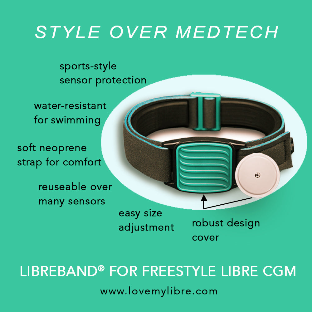 Libreband CGM armband for FreeStyle Libre 2 with teal wave cover and water-resistant neoprene strap on wooden lounger in swimming pool setting. LML2951, LML2456, LML2463.