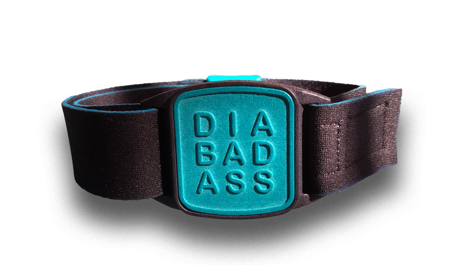 Dexband armband with black strap and teal DIABADASS cover.