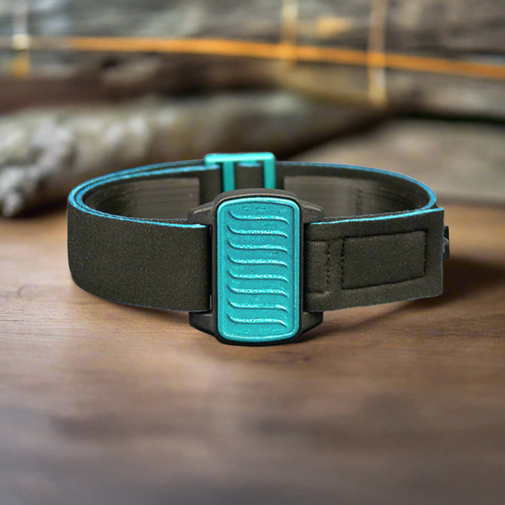Dexband armband for Dexcom G6 CGM. Black strap and teal cover with Wave design.