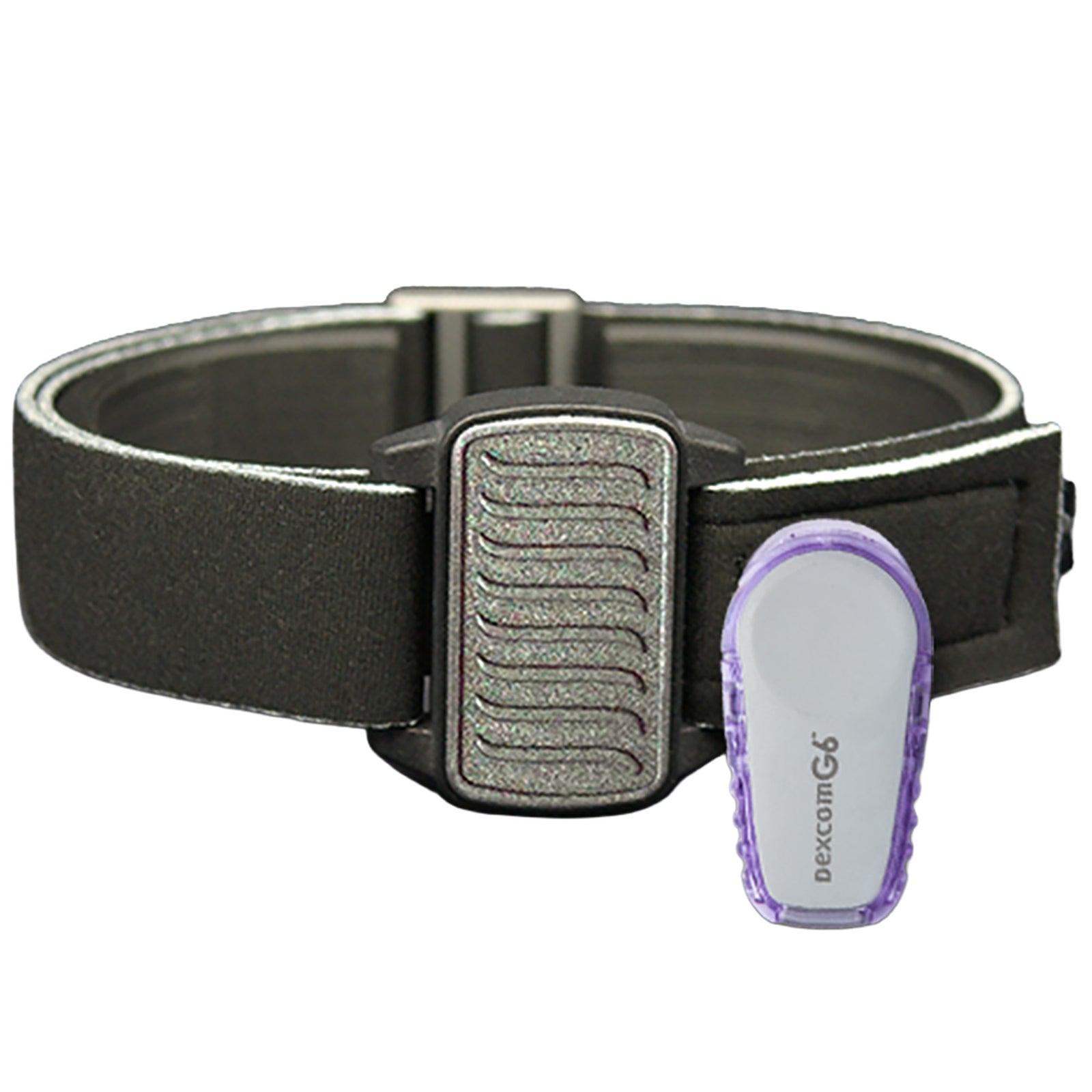 Dexband CGM armband for FDexcom G6 and ONE+ with pewter wave cover and water-resistant neoprene strap on wooden tabletop.