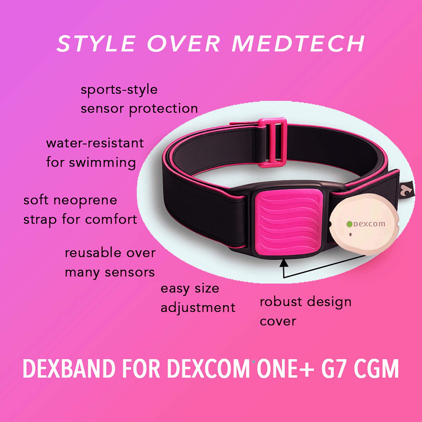 Dexband CGM armband for Dexcom G7 and ONE+ sensors with magenta wave cover and neoprene strap on wooden lounger in swimming pool setting.