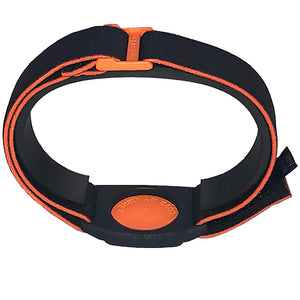 Reverse of Dexband CGM armband with orange cover and black neoprene strap, compatible with Dexcom G7 and ONE+ sensors. LML4016, LML4023, LML4030, LML5006.