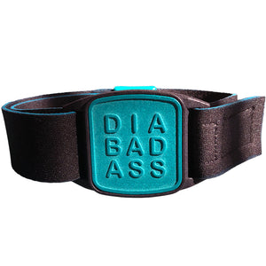 Dexband CGM armband for Dexcom G7 and ONE+ sensors with teal Diabadass cover and neoprene strap. LML4047, LML4054, LML4061, LML5044.