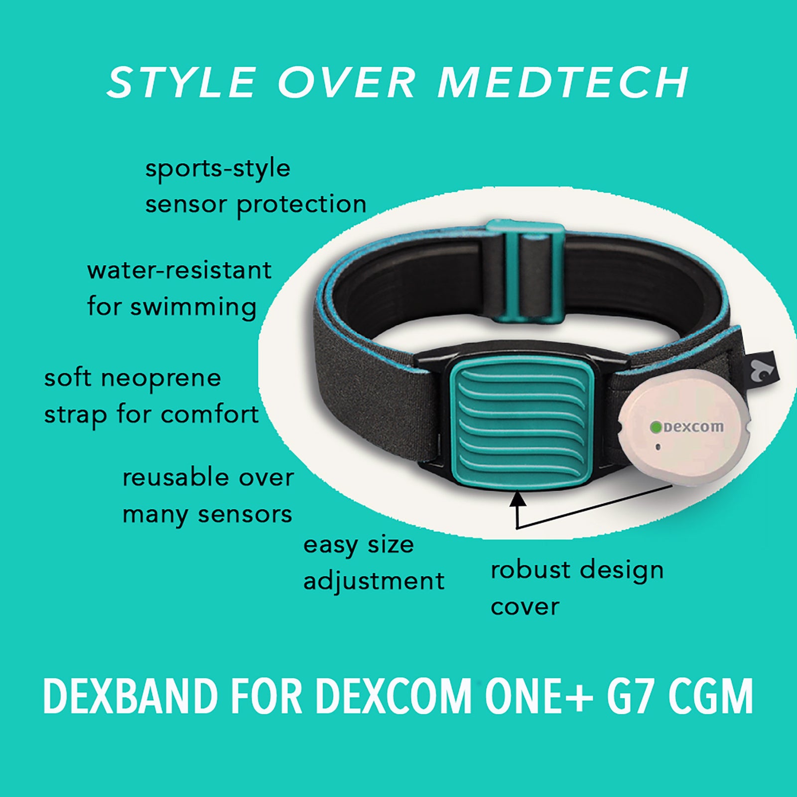 Dexband CGM armband with teal wave cover and neoprene strap, compatible with Dexcom G7 and ONE+ sensors, on wooden lounger in swimming pool setting.