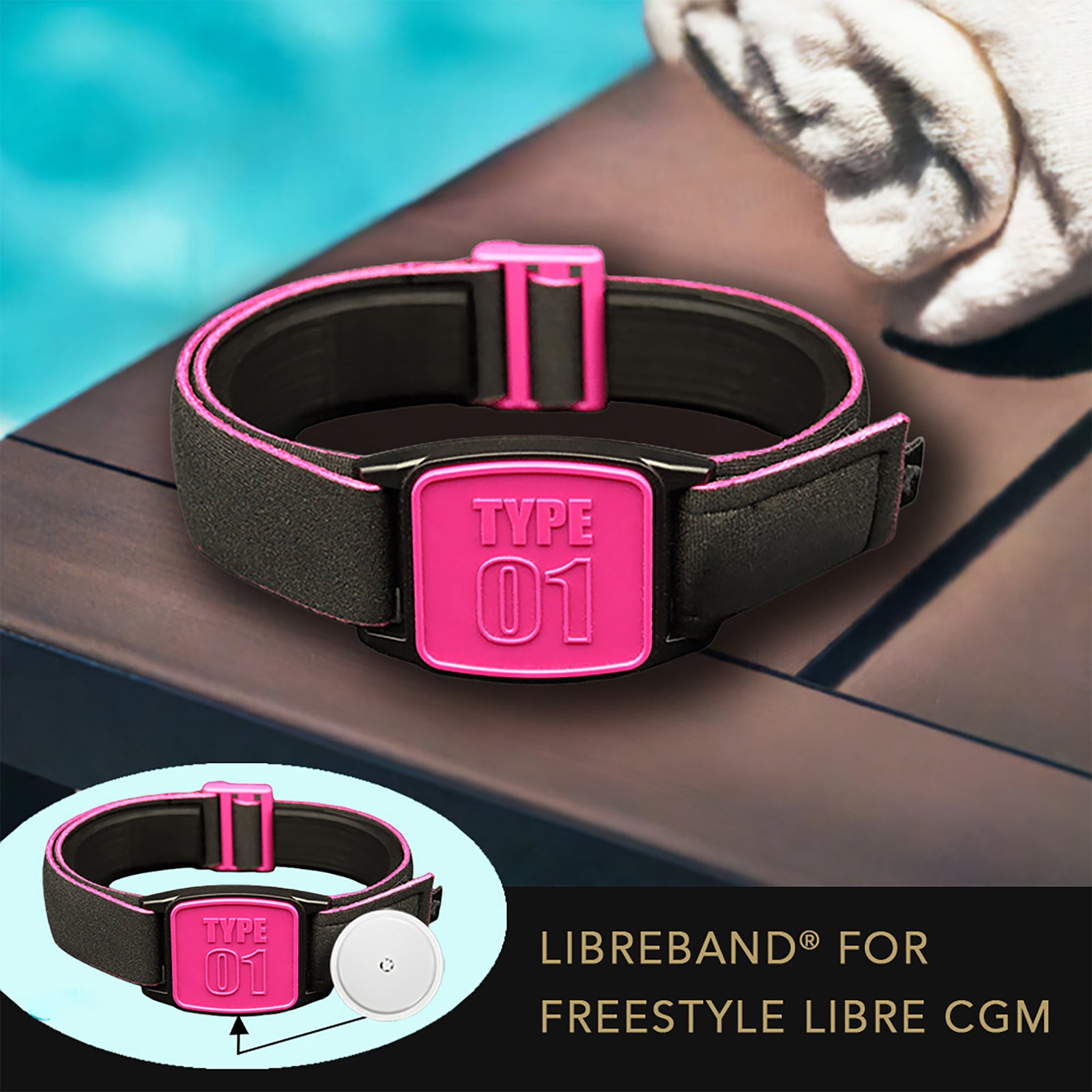 Libreband CGM armband for FreeStyle Libre 2 with magenta Type 01 cover and water-resistant neoprene strap on wooden lounger in swimming pool setting. LML2326, LML2319, LML3002, LML4504.