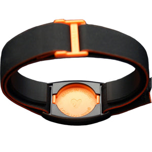 Reverse of Libreband CGM armband for FreeStyle Libre 2 with orange cover and water-resistant neoprene strap, for everyday wear, sport and swimming. LML4566, LML2890, LML2838, LML2845.
