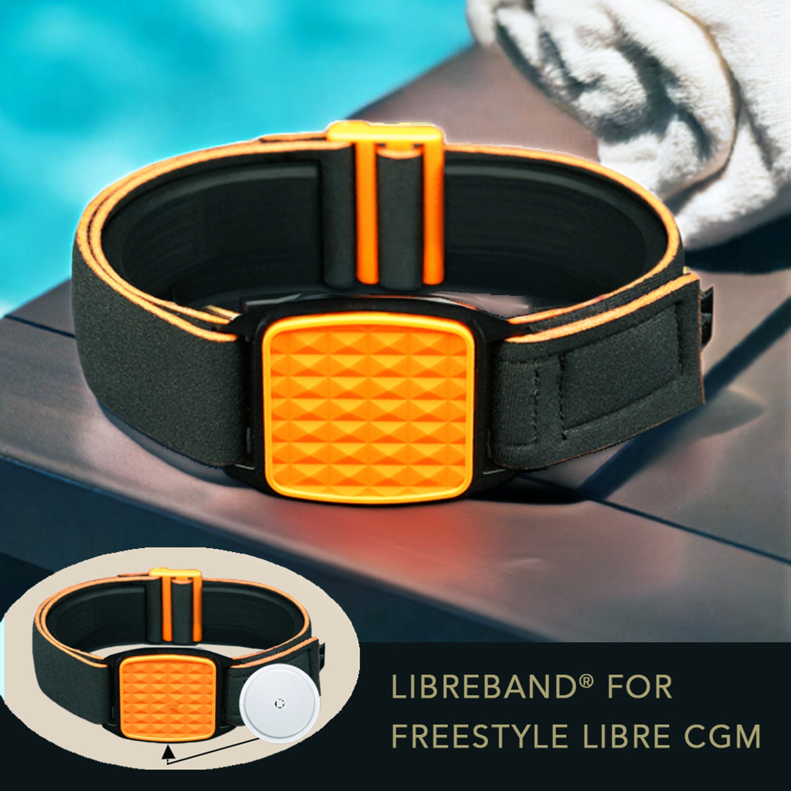 Libreband CGM armband for FreeStyle Libre 2 with orange pyramids cover and water-resistant neoprene strap on wooden lounger in swimming pool setting. Inset of armband alongside sensor. LML2890, LML2838, LML2845.