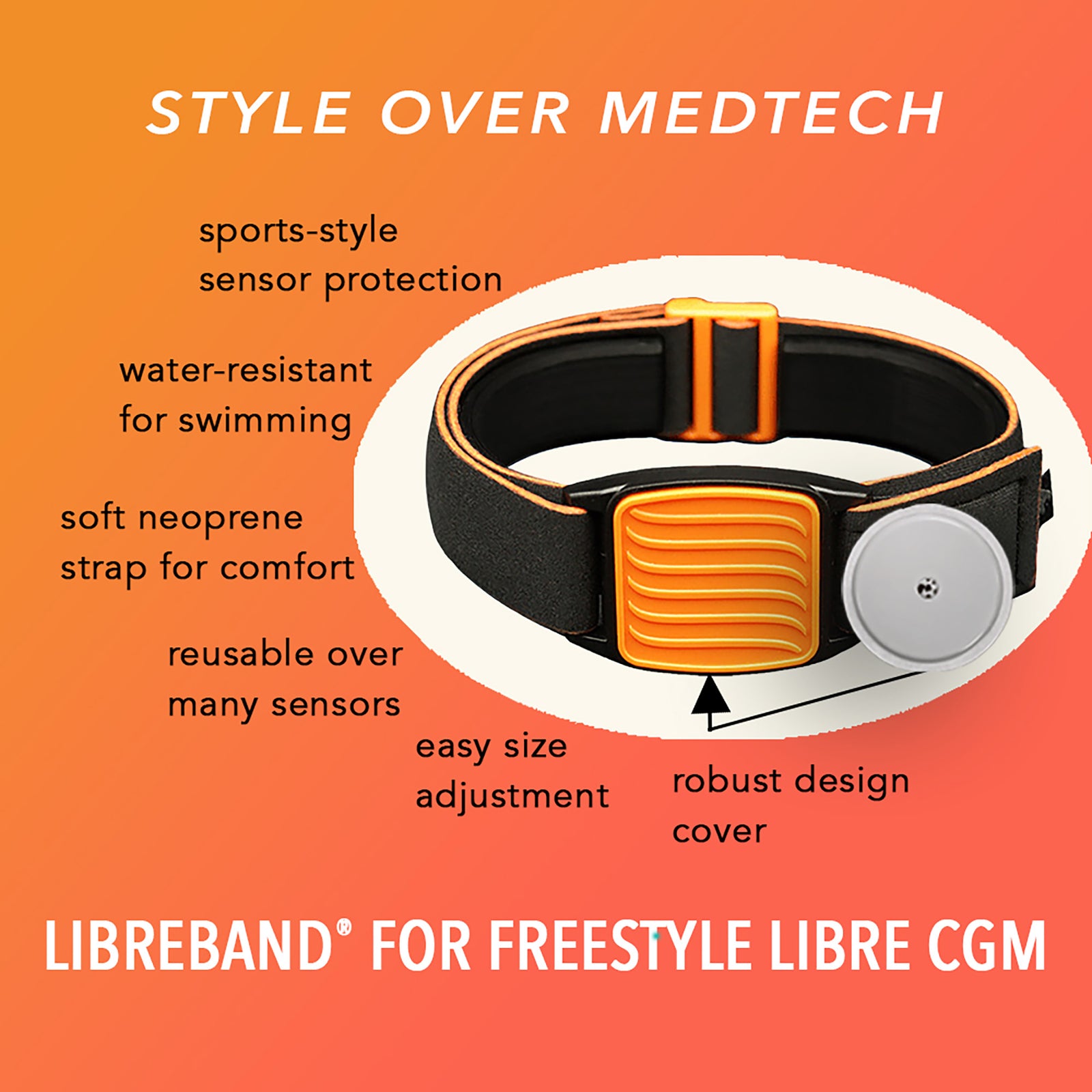 Libreband CGM armband for FreeStyle Libre 2 with orange wave cover and water-resistant neoprene strap on wooden lounger in swimming pool setting. LML4597, LML2975, LML2258, LML2265.