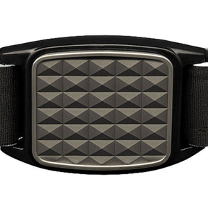 Libreband CGM armband pewter pyramids cover close-up, compatible with FreeStyle Libre 2, showing design detail. LML4634, LML2906, LML2616, LML2623.