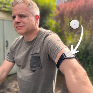 Libreband CGM armband with pewter pyramids design worn on upper arm. LML4634, LML2906, LML2616, LML2623.