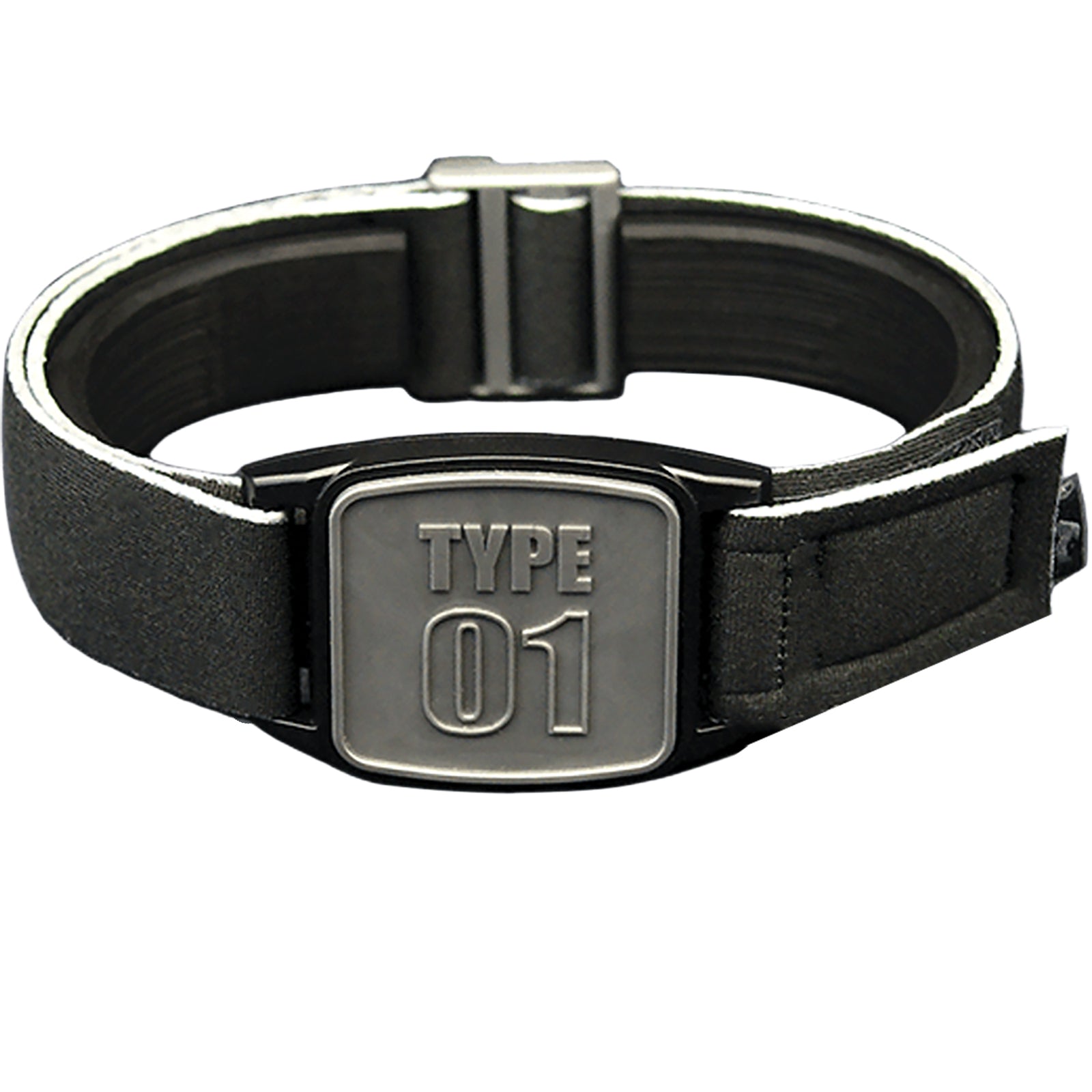 Libreband CGM armband for FreeStyle Libre 2 with pewter Type 01 cover and water-resistant neoprene strap on wooden lounger in swimming pool setting. LML4641, LML3026, LML2517, LML2524.