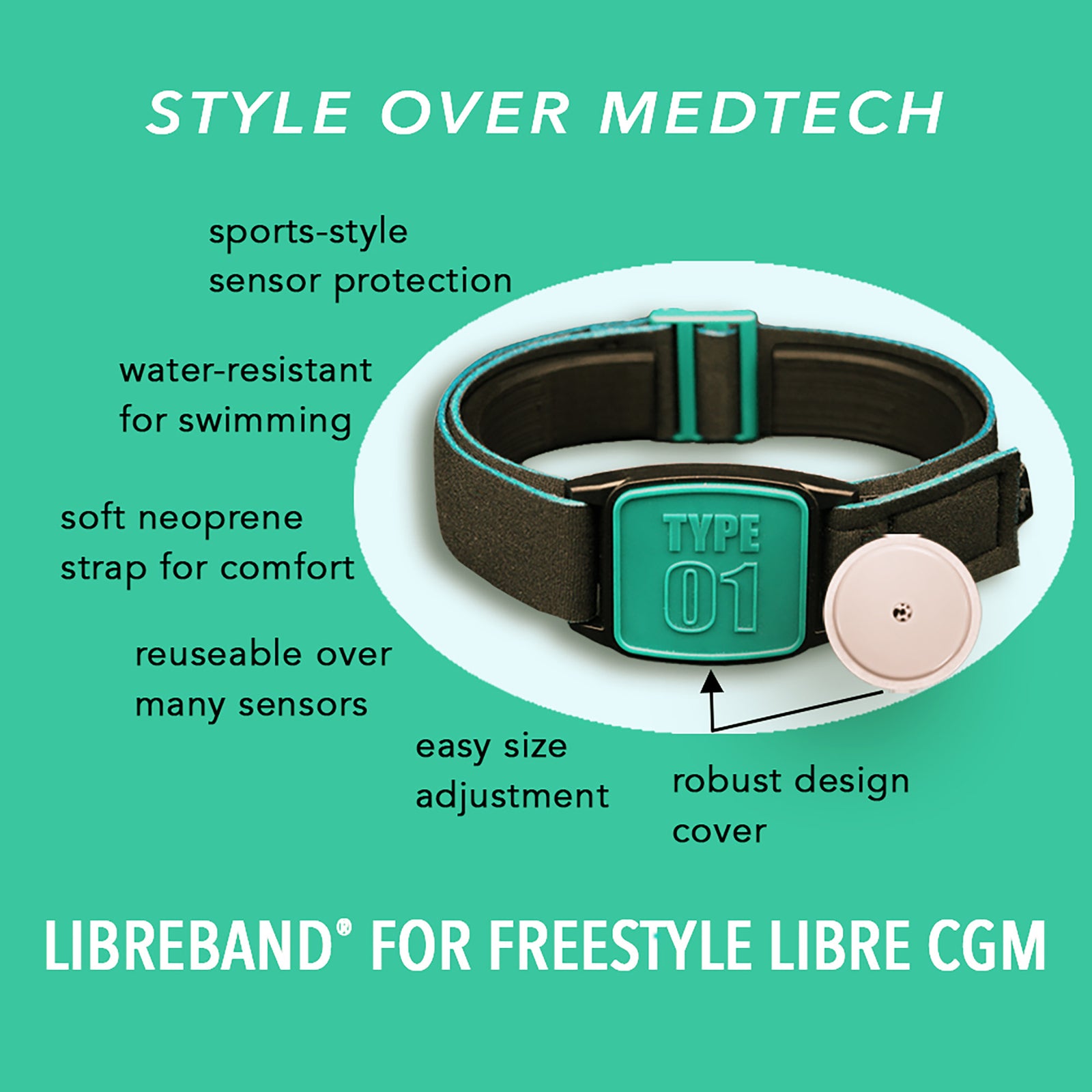 Libreband CGM armband for FreeStyle Libre 2 with magenta type 01 cover and water-resistant neoprene strap on wooden lounger in swimming pool setting. LML4719, LML2999, LML2418, LML2425.