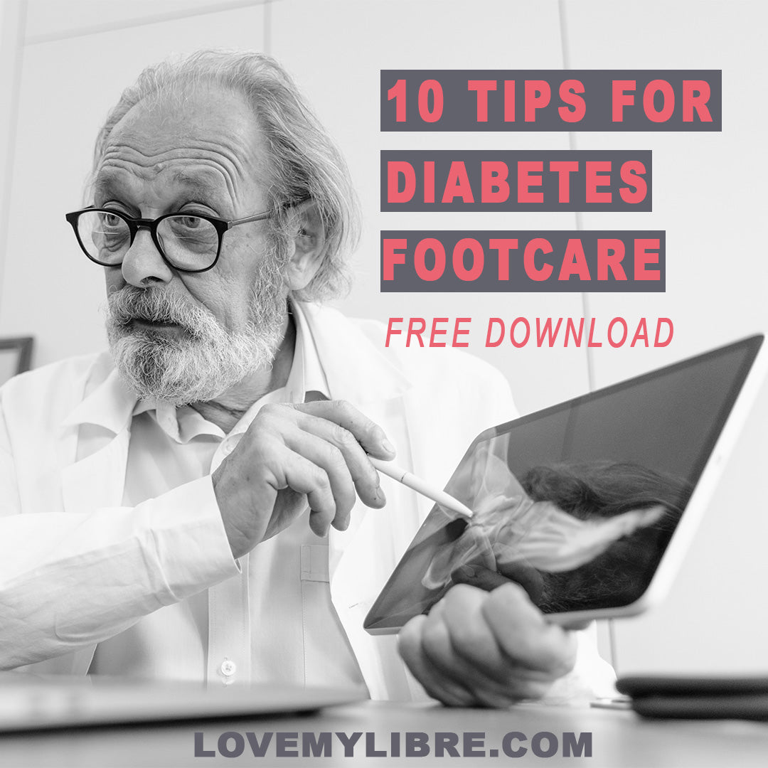 Doctor pointing to foot X-ray. Headline 10 Tips for Diabetes Footcare.