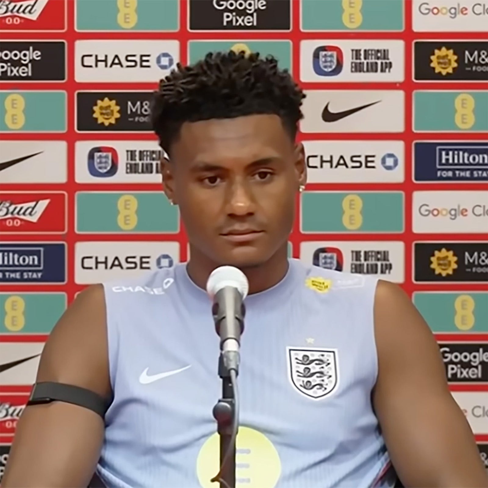 England footballer, Ollie Watkins, wearing Whoop on upper arm while being interviewed at World Cup 2026.
