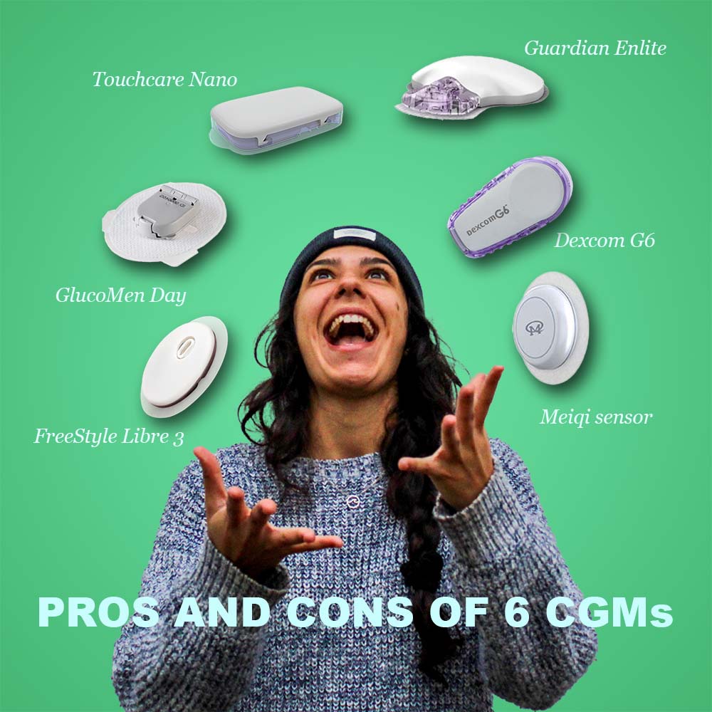 pros and cons of 6 CGMs. Woman juggling sensors with labels of sensor CGM.