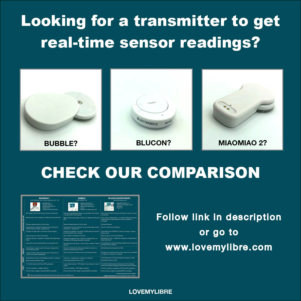 Title of Looking for a transmitter to get real-time sensor readings? Images showing Bubble, Blucon and MiaoMiao 2 CGMs. Link to table showing comparison.