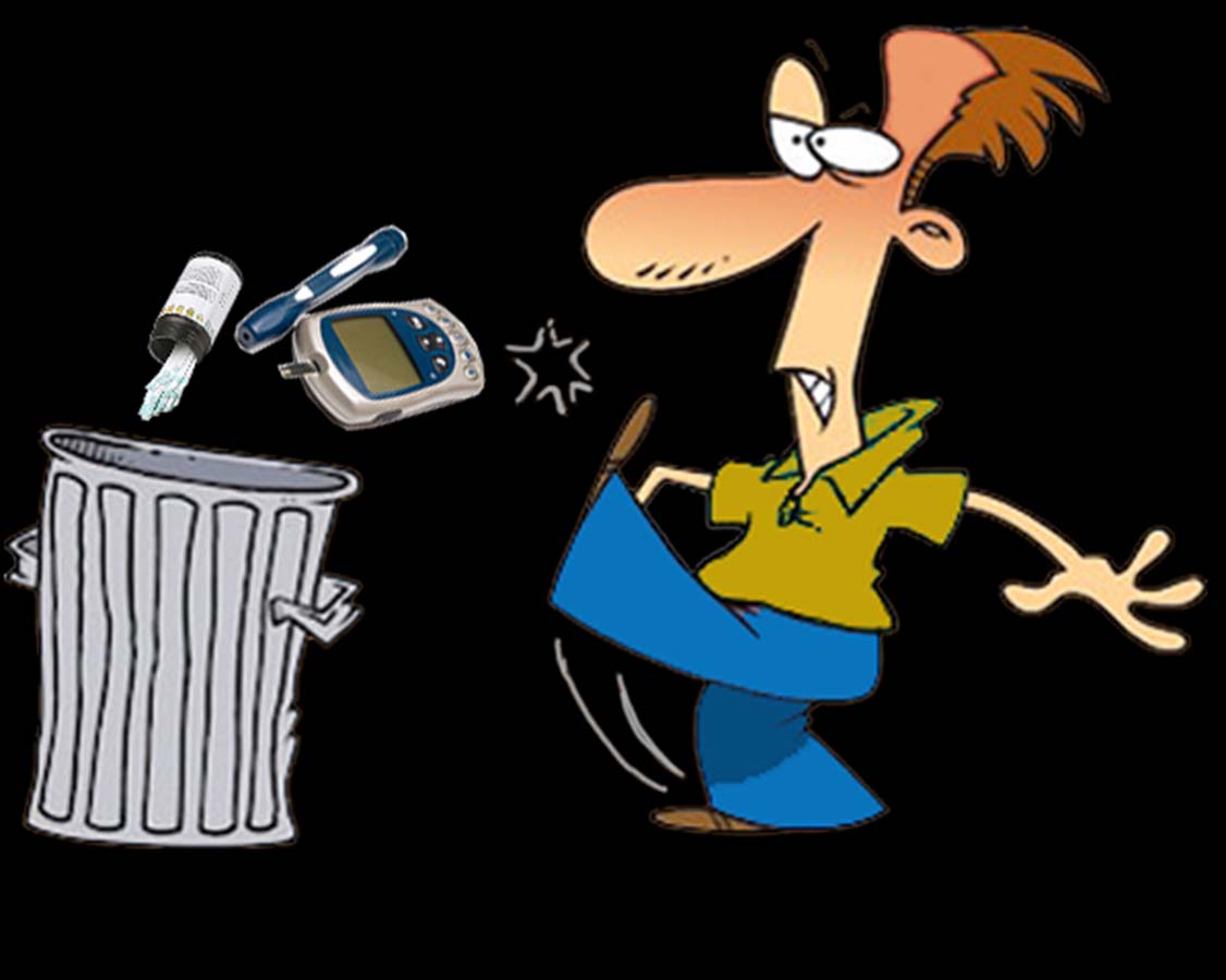 Cartoon character kicking diabetes fingerprick testing equipment into rubbish bin.