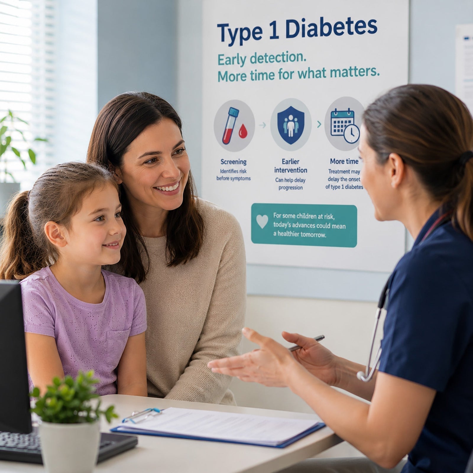 Mother and daughter speaking with a healthcare professional in a clinic. A poster about early detection and delaying type 1 diabetes is displayed in the background.