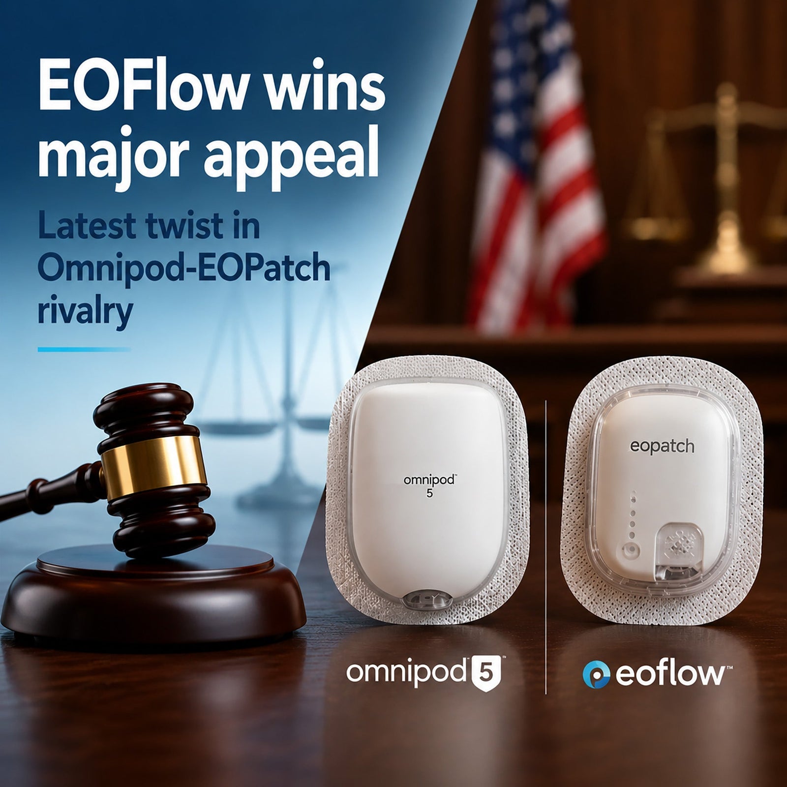 EOFlow wins major appeal graphic featuring Omnipod and EOPatch patch pumps against a courtroom background.