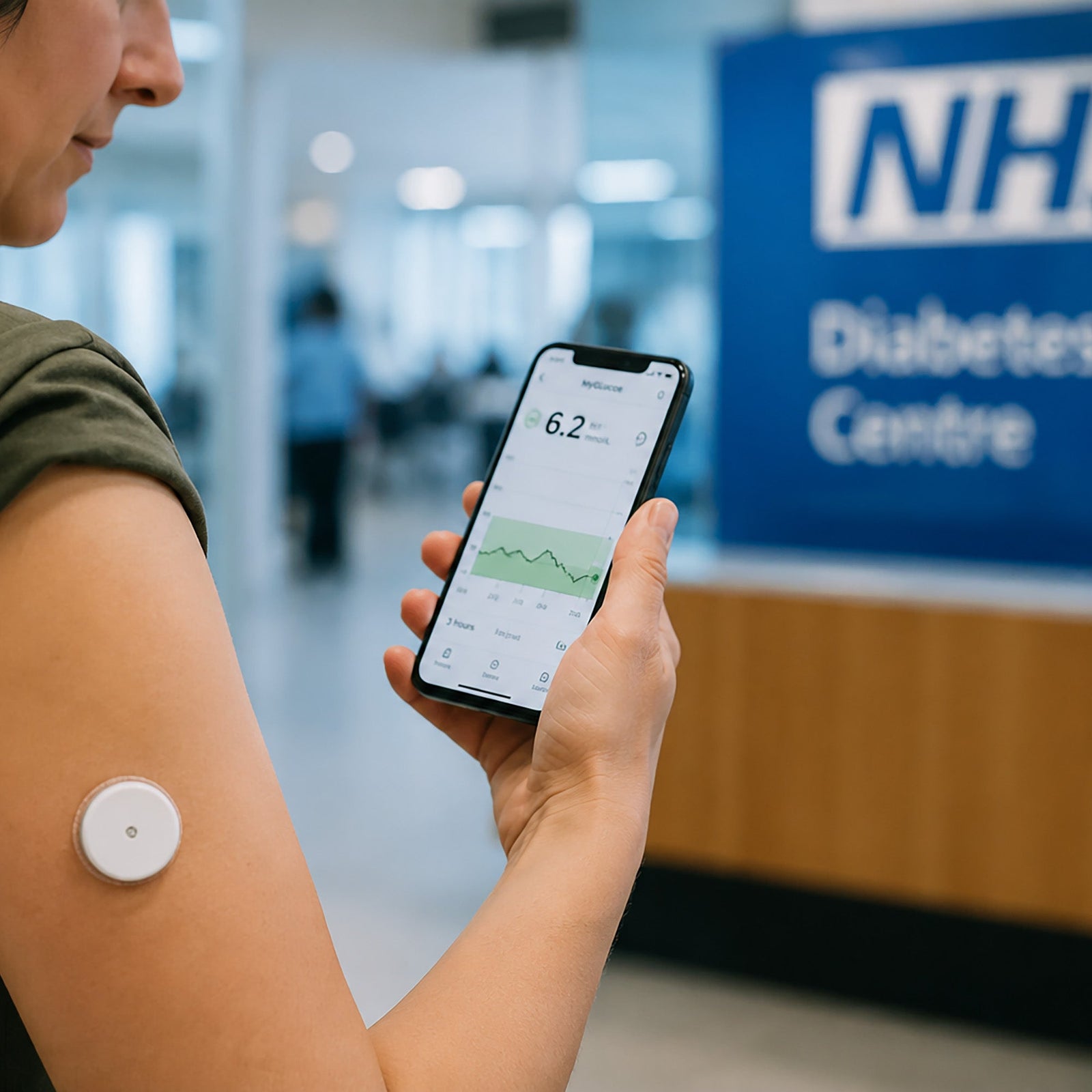 Person using a continuous glucose monitor (CGM) and smartphone app in an NHS diabetes clinic.