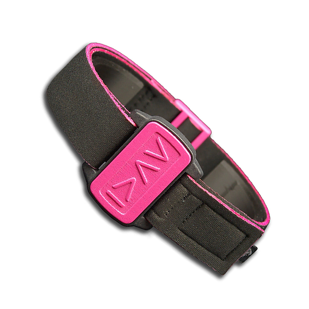 Dexband armband cover in magenta with motif I am Greater in symbols. Black strap edged in coordinating magenta. Shown at an angle.