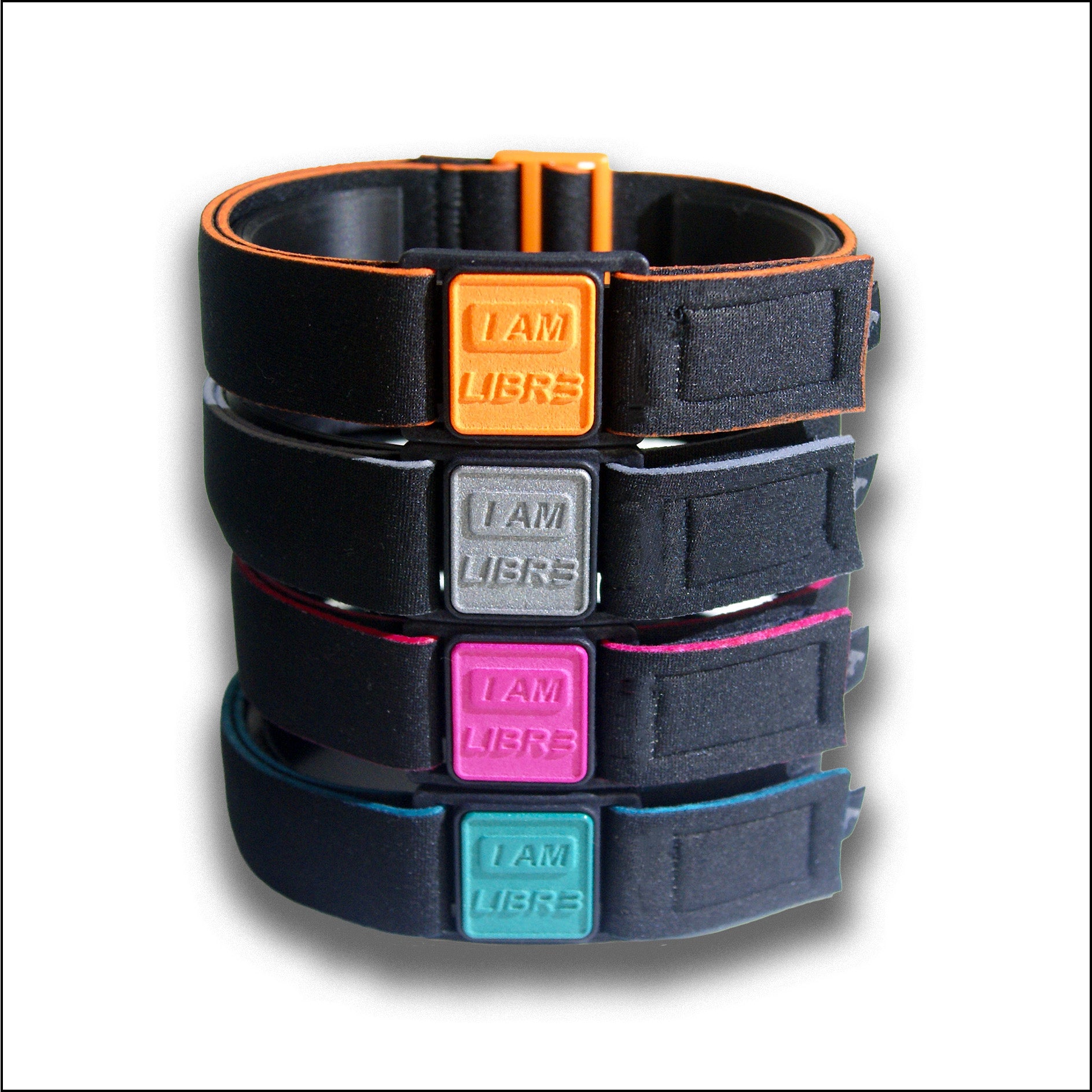 Stack of I AM LIBR3 armbands for FreeStyle Libre 3 CGM.
