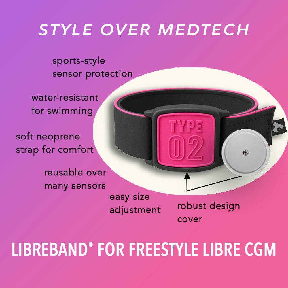 Libreband CGM armband for FreeStyle Libre 2 with magenta Type 02 cover and water-resistant neoprene strap on wooden lounger by swimming pool
