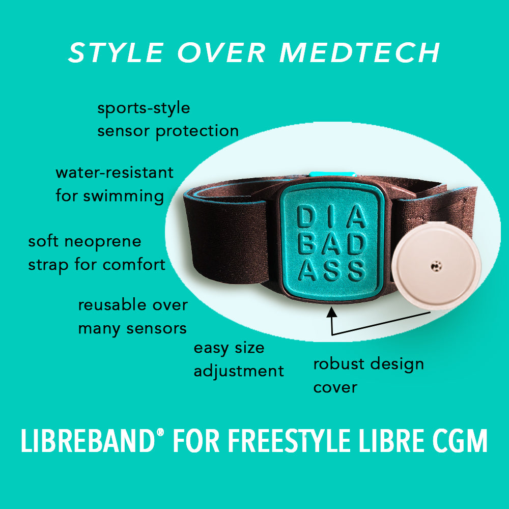 Libreband CGM armband for FreeStyle Libre 2 with teal DIABADASS cover and neoprene strap on wooden lounger by swimming pool with sensor shown