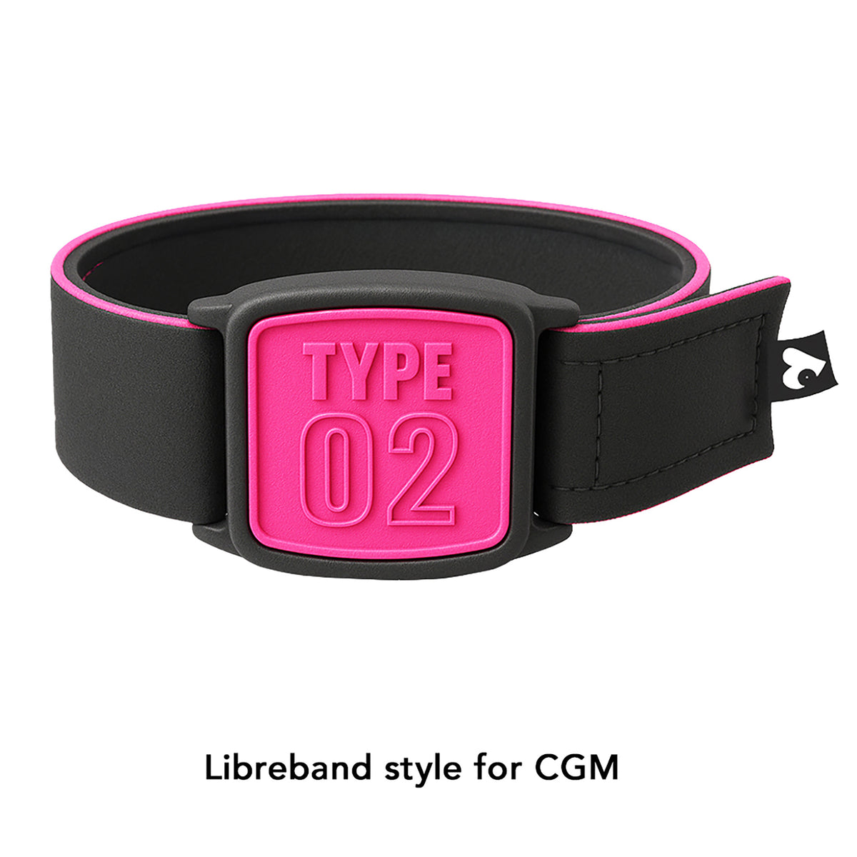 Libreband CGM armband for FreeStyle Libre 2 with magenta Type 02 cover and black neoprene strap. LML2340, LML2333, LML3651, LML4511.