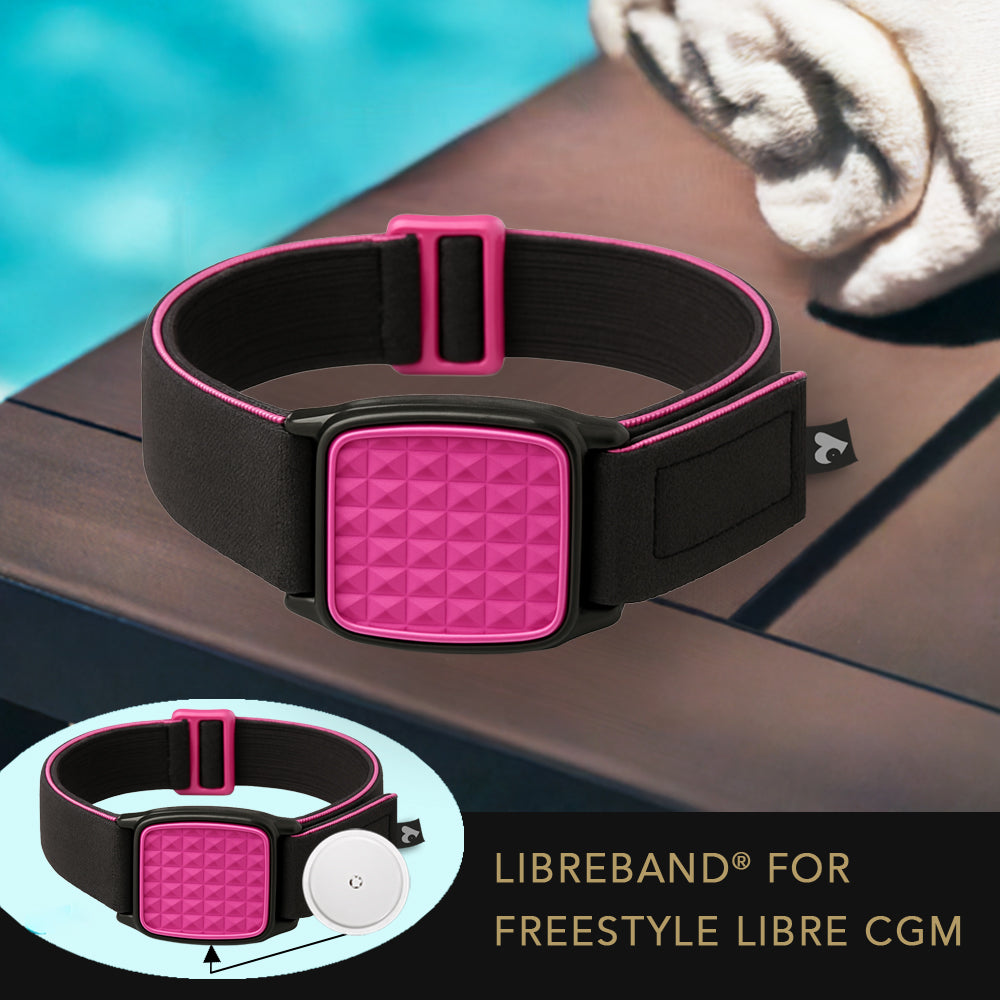 Libreband Armband for Freestyle Libre 1 & 2. Magenta cover with Pyramids design. Shown with swimming pool background.