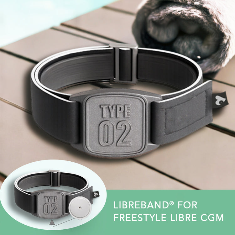 Libreband CGM armband for FreeStyle Libre 2 with type 02 pewter cover and water-resistant neoprene strap on wooden lounger by swimming pool, next to towel