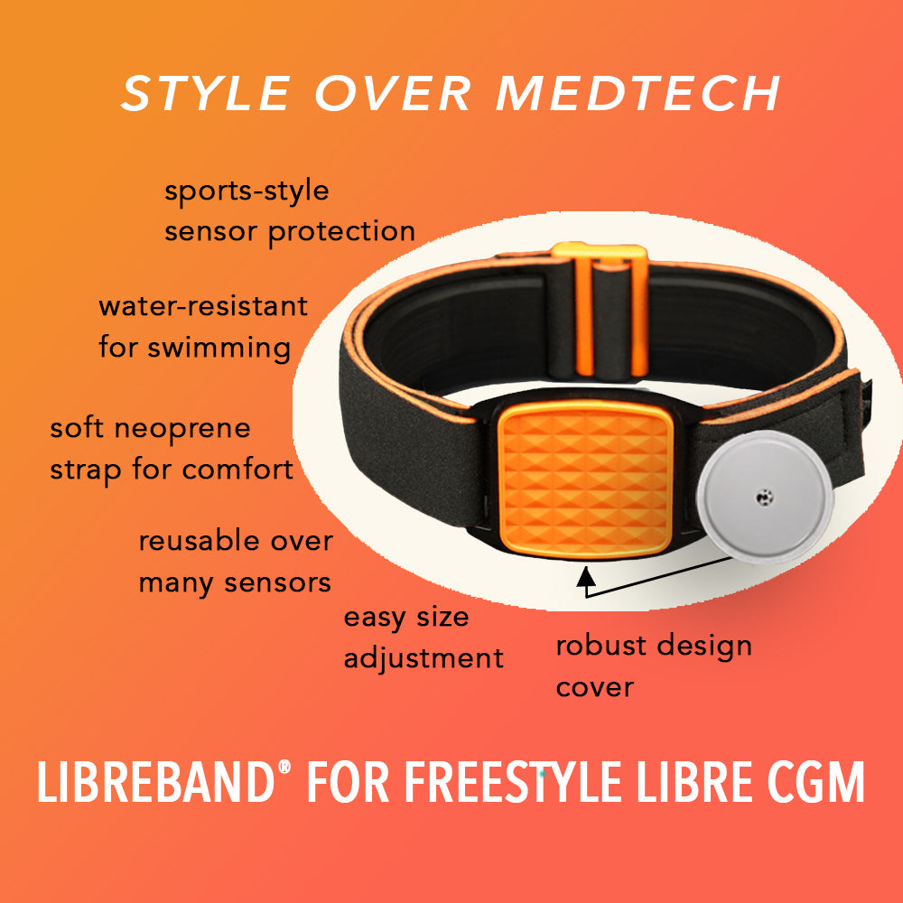 Orange background with a Libreband armband for sensor protection of Freestyle Libre CGM with text highlighting features. Orange cover with pyramids design and black strap. LML4566, LML2890, LML2838, LML2845.