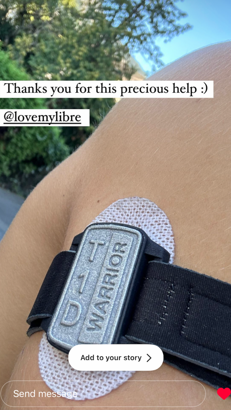 Dexband CGM armband for Dexcom with pewter T1D Warrior cover and black neoprene strap worn on upper arm, customer review photo from Instagram