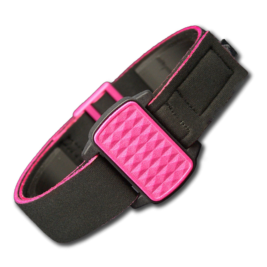 Dexband armband with magenta pyramids cover. Black strap edged in coordinating magenta. Shown at 45 degree angle.