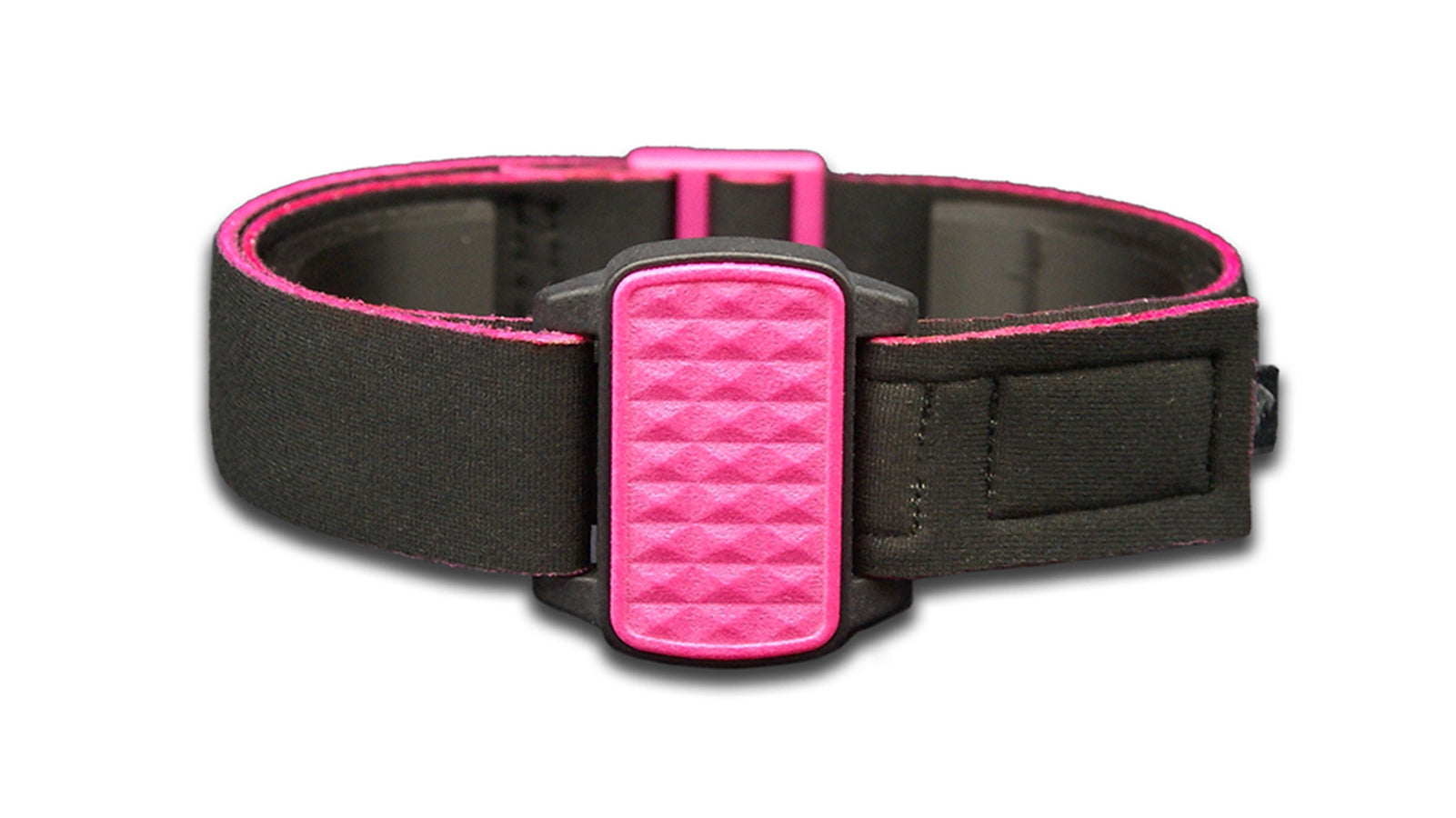 Dexband armband with magenta pyramids cover. Black strap edged in coordinating magenta.