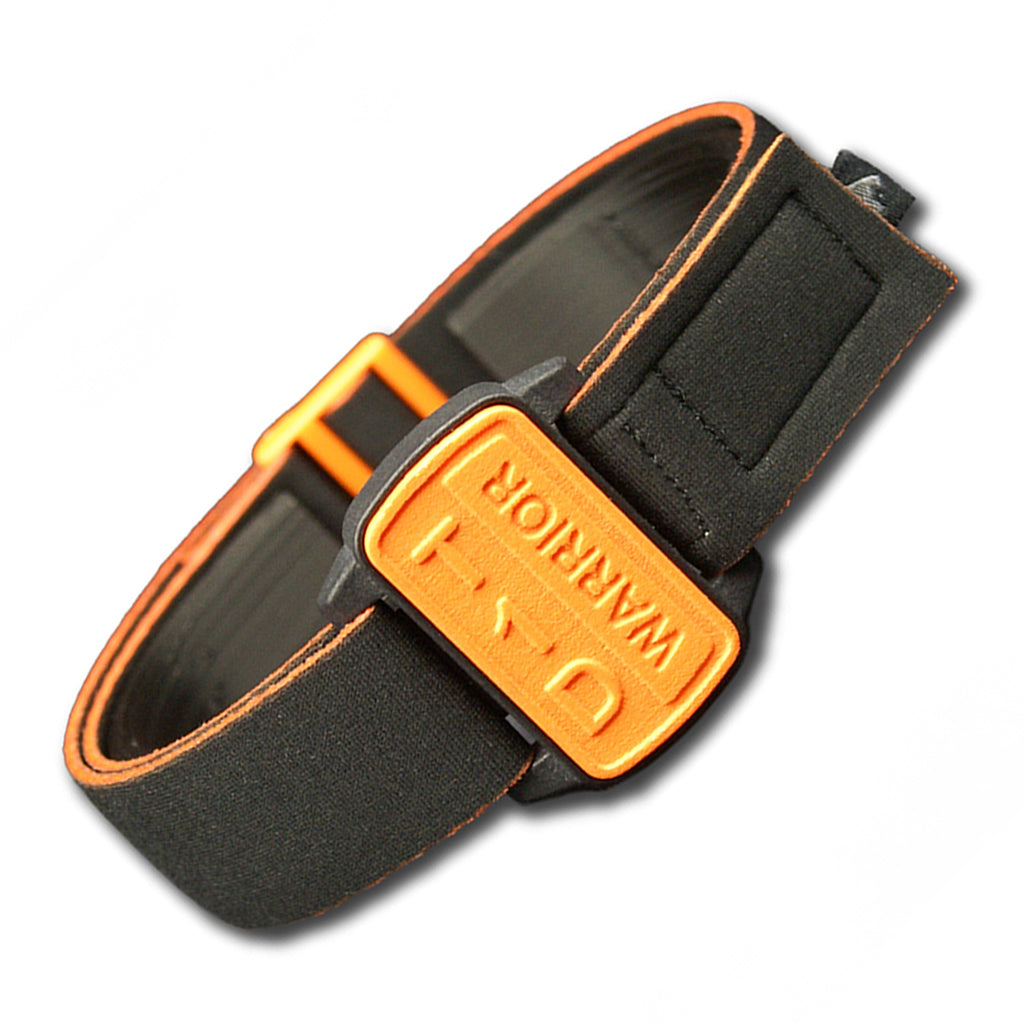 Dexband armband cover in orange with motif T1D Warrior. Black strap edged in coordinating orange. Shown at 45 degree angle.