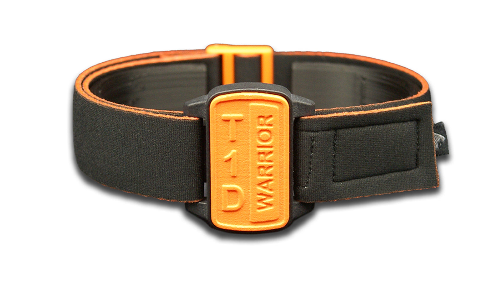 Dexband armband cover in orange with motif T1D Warrior. Black strap edged in coordinating orange. 