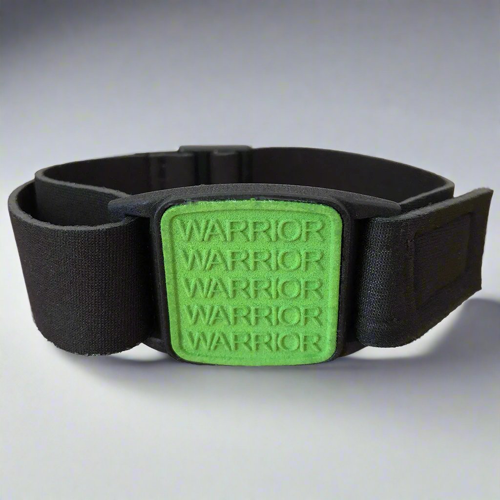 Dexband armband cover for Dexcom G7 CGM with green warrior cover and black strap. 