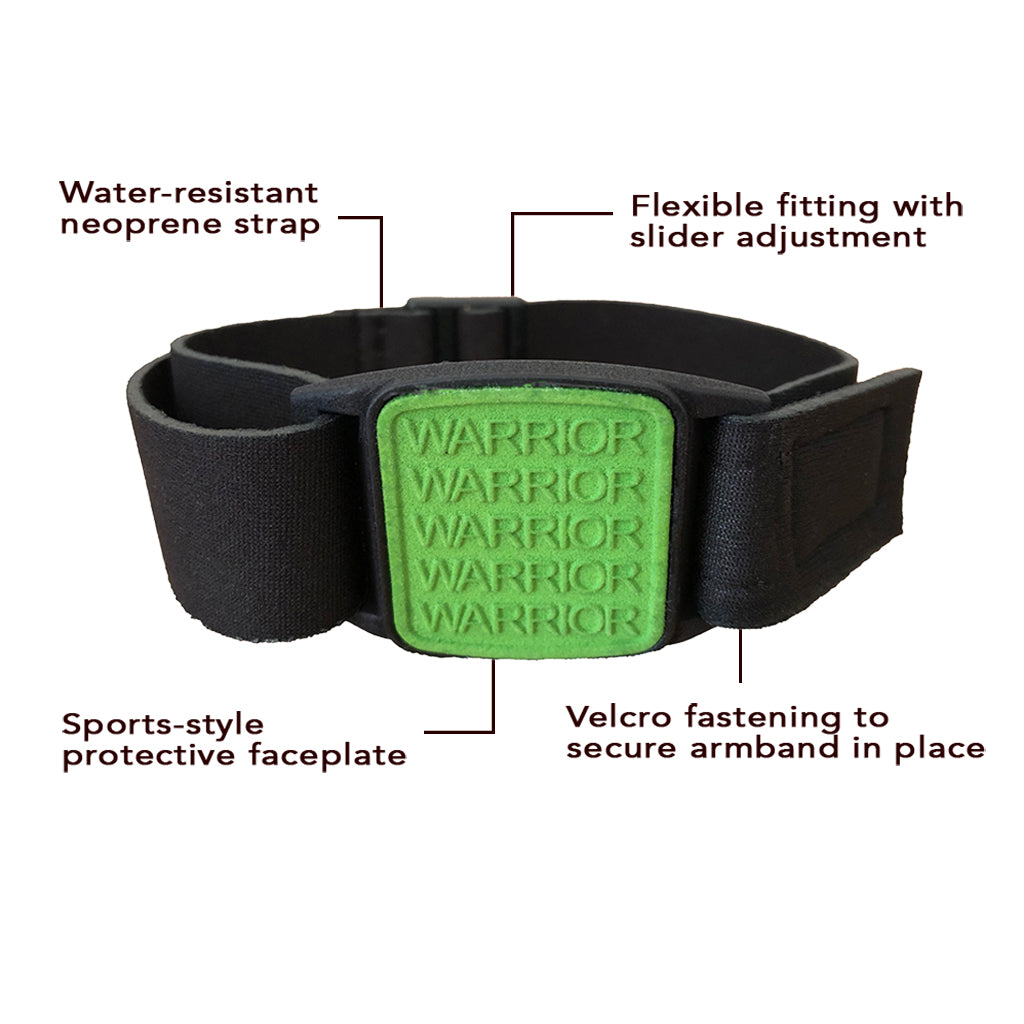 Dexband Armband for Dexcom G7, features highlighted. Green cover with Warrior design.