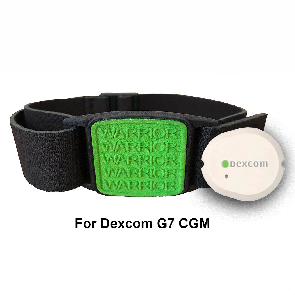 Dexband armband cover for Dexcom G7 CGM with green warrior cover and black strap. Shown with Dexcom G7 CGM.