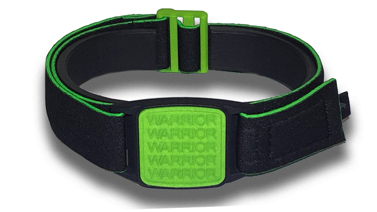 Dexband armband cover for Dexcom G7 CGM with green warrior cover and black strap. 