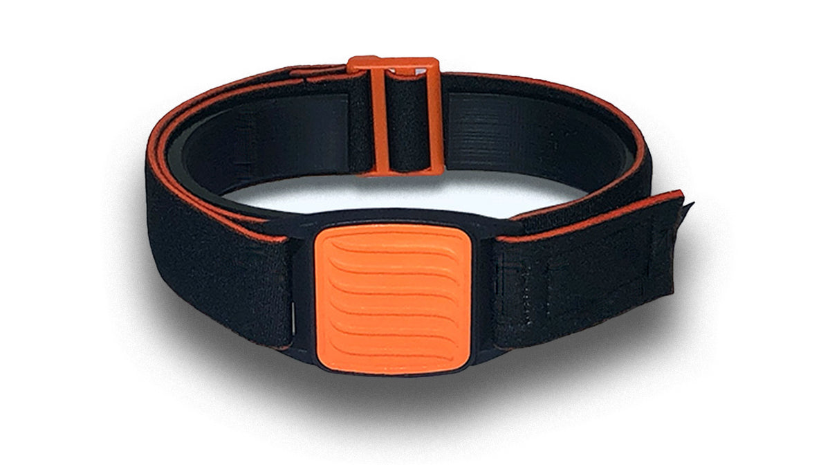 Dexband Armband for Dexcom G7, black strap with orange wave design cover. 