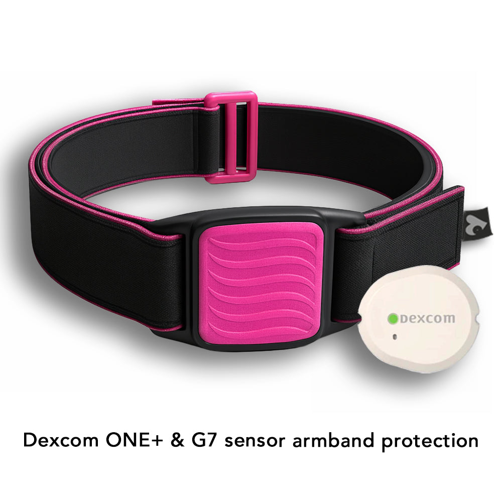 Dexband armband for Dexcom G7 CGM. Magenta cover with Wave design.  Shown on wooden table beside swimming pool.