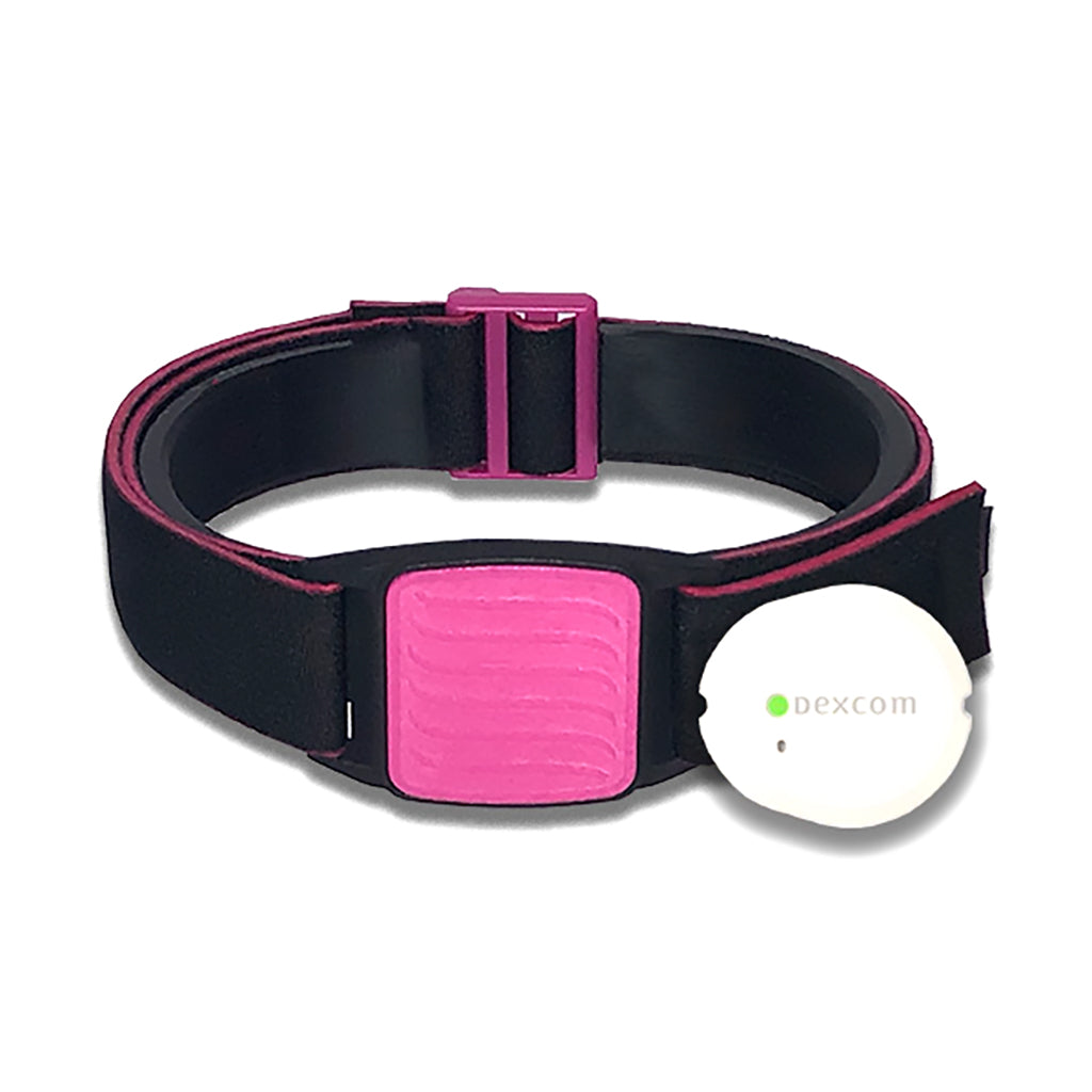 Dexband armband for Dexcom G7 CGM. Magenta cover with Wave design. Shown with Dexcom G7 sensor.