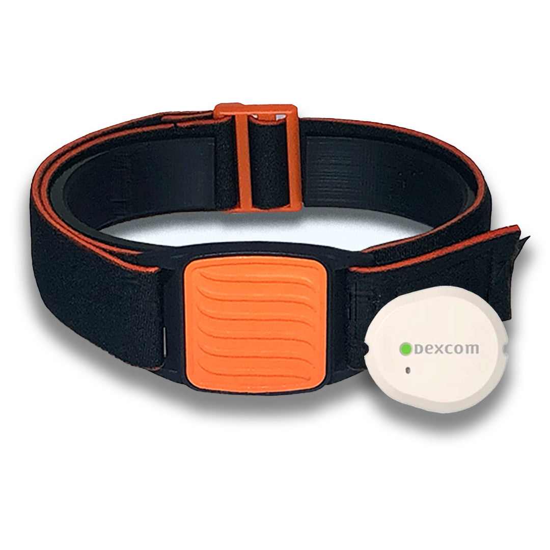 Dexband Armband for Dexcom G7 CGM, black strap with orange wave design cover. Shown with sensor. LML3866, LML3873, LML3880, LML5013.