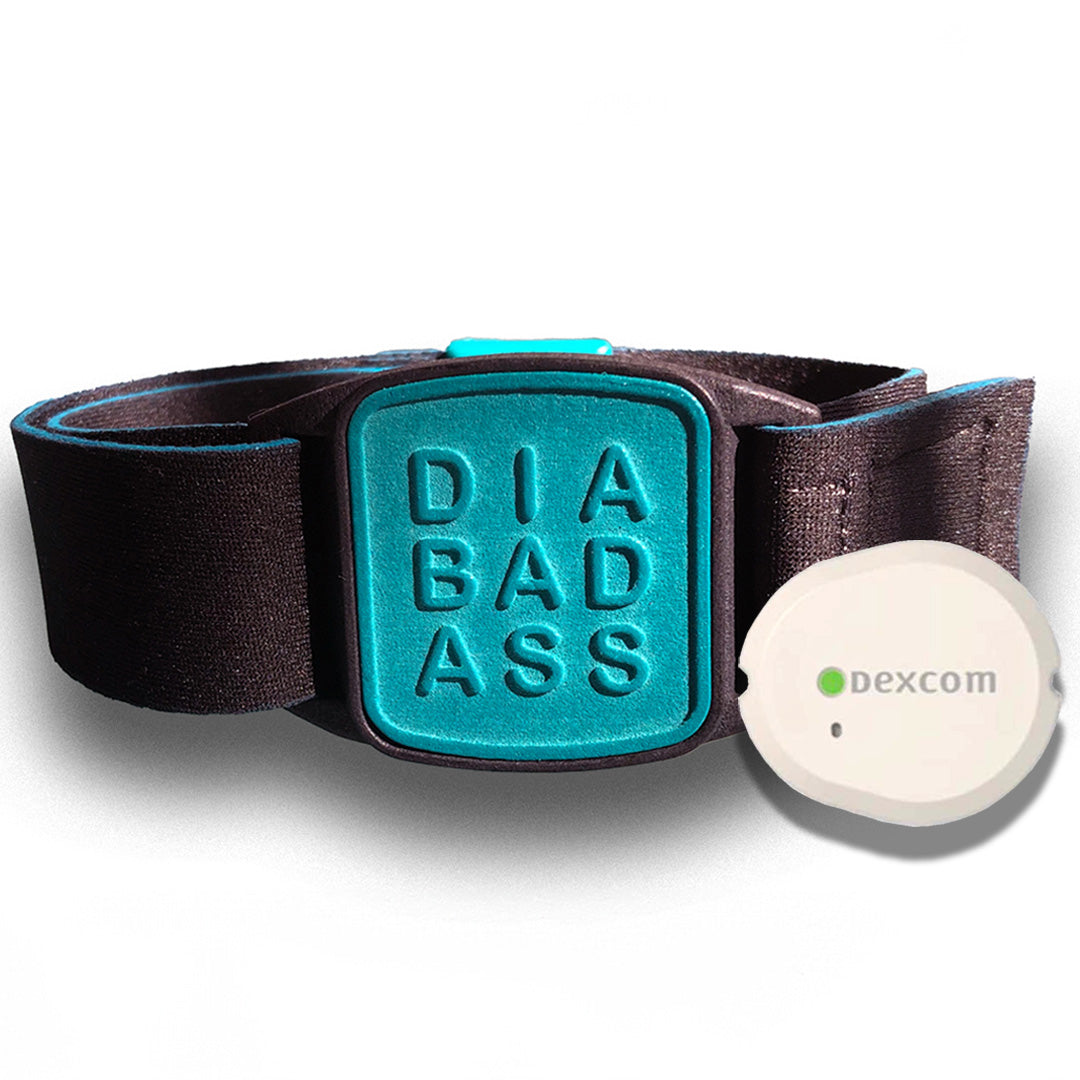 Dexband Armband for Dexcom G7, teal cover with Diabadass design. Shown with sensor. LML4047, LML4054, LML4061, LML5044.