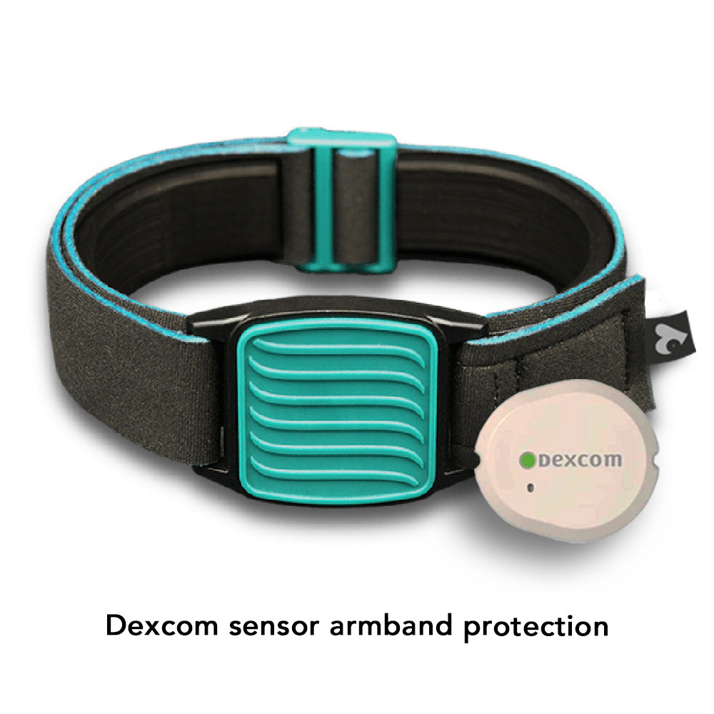 Dexband armband for Dexcom G7 CGM. Teal cover with Wave design. Shown with Dexcom G7 sensor. LML3927, LML3934, LML3941, LML5051.