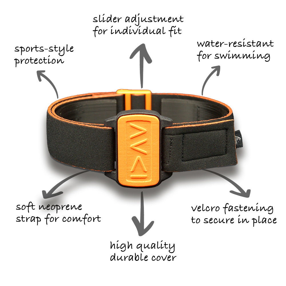 Features of Dexband; water-resistant strap; flexible fitting with slider adjustment; sports-style protective faceplate; and velcro fastening to secure armband in place.