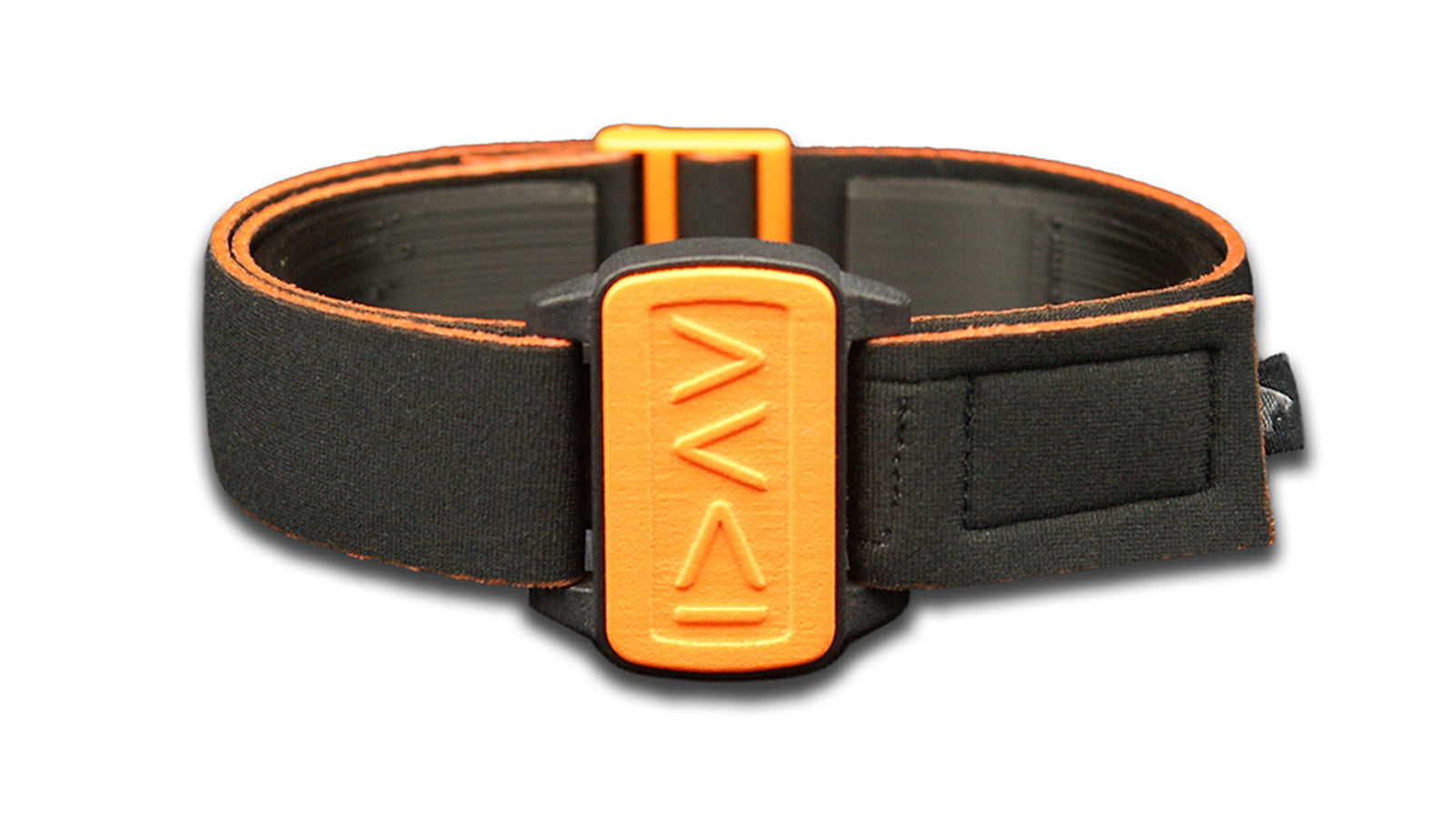 Dexband armband cover in orange with motif I am Greater in symbols. Black strap edged in coordinating Orange.
