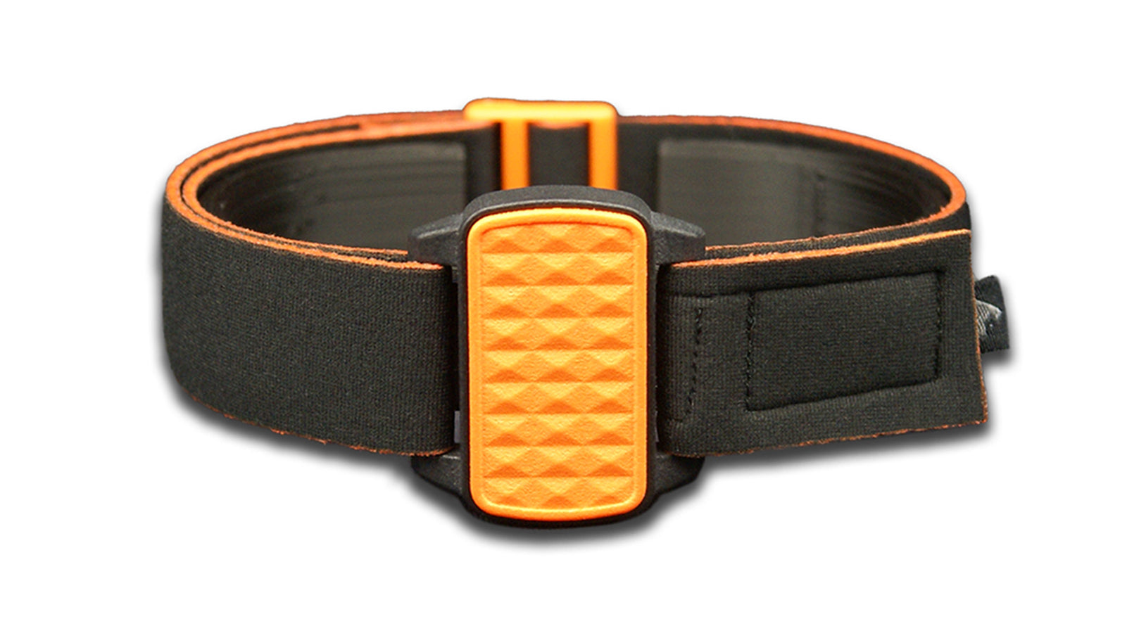 Dexband armband cover for Dexcom G6 with black strap and orange pyramids cover.